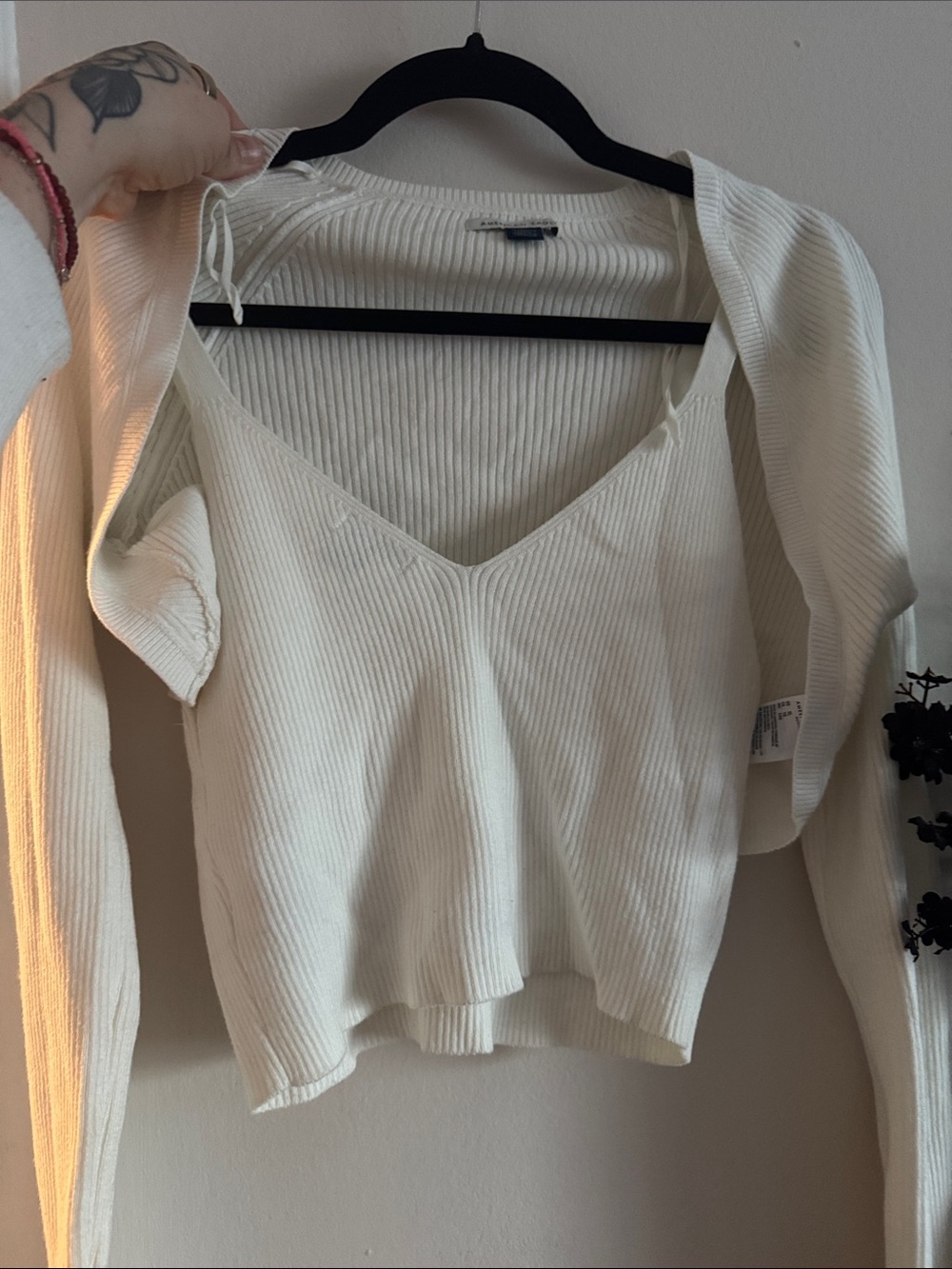 American Eagle Outfitters Cream Ribbed V-Neck Crop Top